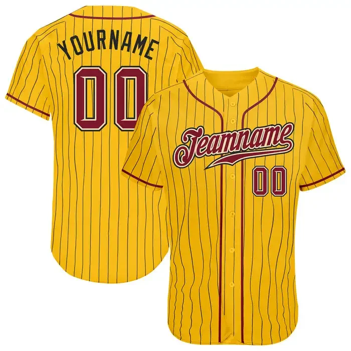 

Custom Gold Black Pinstripe Crimson-Cream Personalized Baseball Jersey