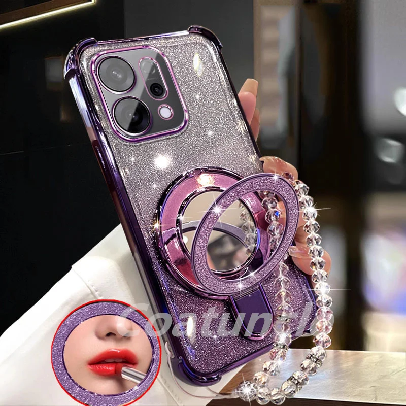 For OPPO Reno 14 Reno13 Reno 13 12 11 F Pro 13F 12F 11F Case Glitter Plating Mirror Magnetic Bracket Phone Holder Bracelet Cover