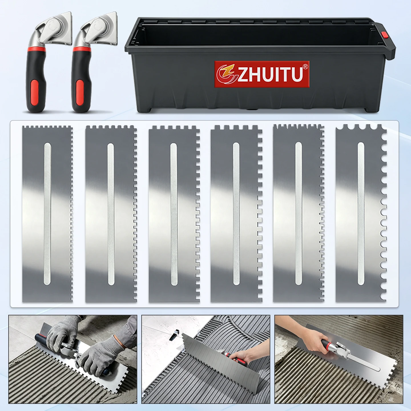 Stainless Steel Double Handle Notched Trowel Set 6 Tooth Profiles Removable Tile Adhesive Trowel with Storage Box for Wall Floor