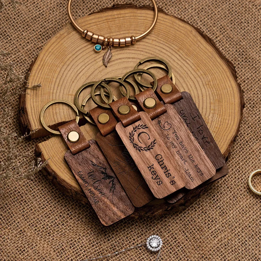 1PCS Free Custom Solid Wood Square Tag Key Chains Wooden Leather Car Keychain Accessories Fashion Bag Pendant Blank Wooden Card