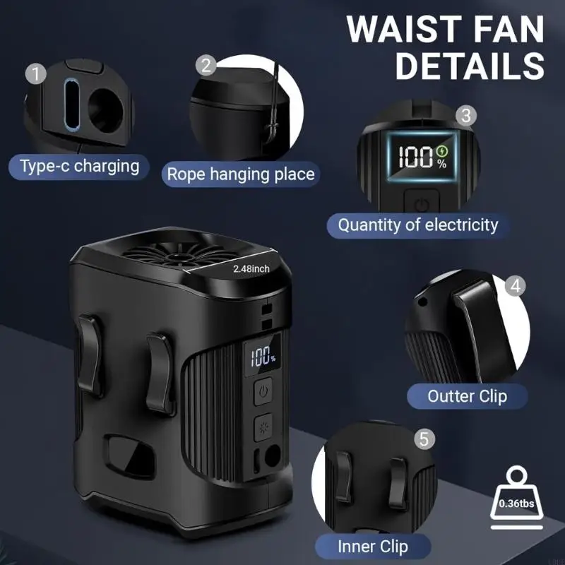 مروحة مروحة صغيرة مثبتة على الخصر مروحة مروحة الخصر مناسبة للمشي لمسافات طويلة واستخدام الصيد