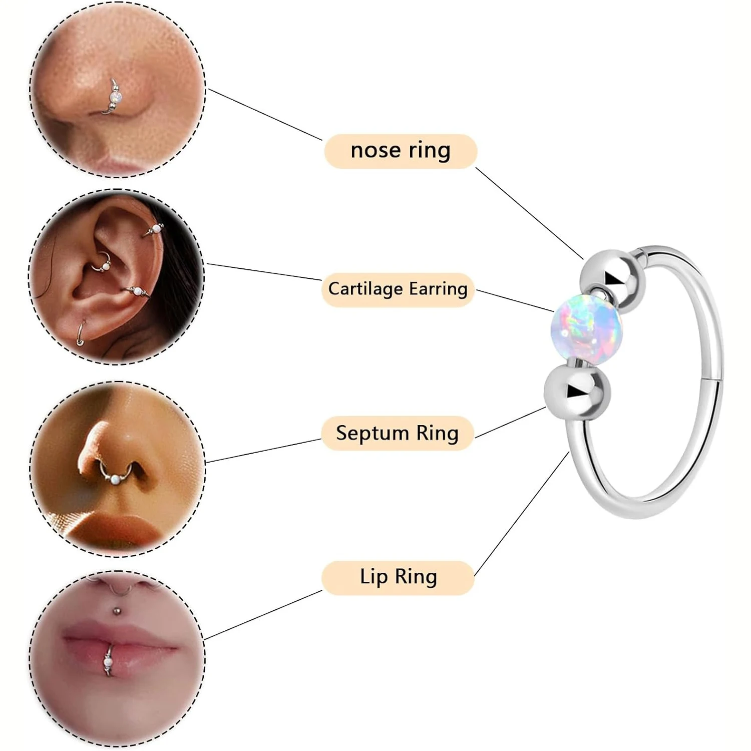 Surgical Steel Nose Rings Hoop 18g 20g Opal Septum Rings 8mm/10mm Nose Piercing Jewelry Cartilage Earring for Women