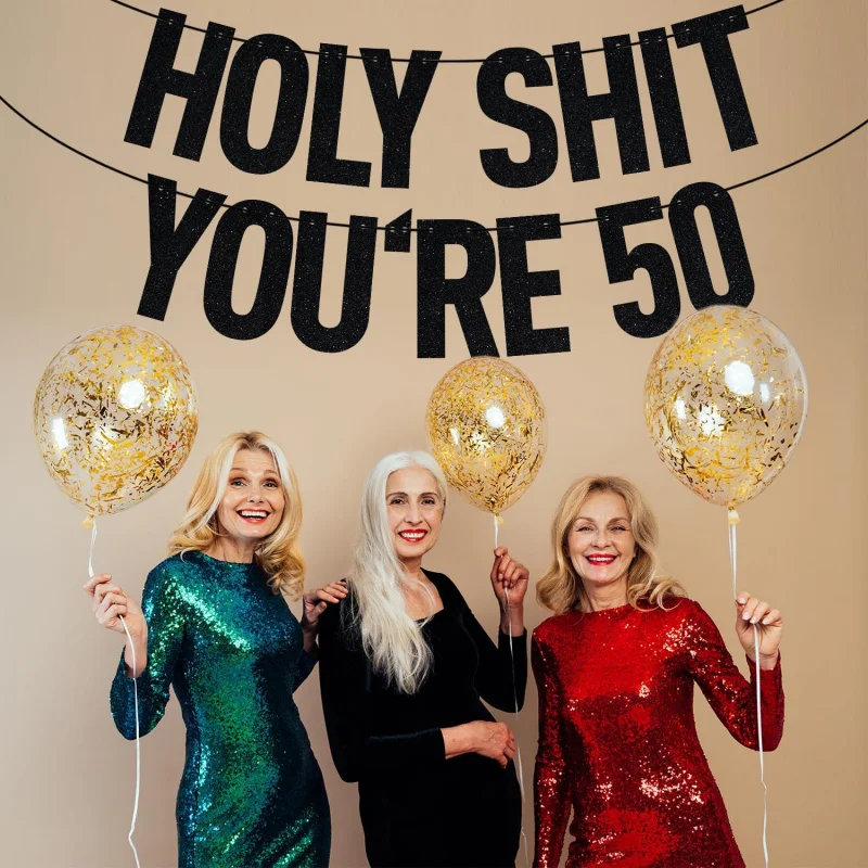 Black Glitter Holy Shit You're 30/40/50/60 Banner, Funny 30/40/50/60th Birthday Party Decorations Supplies #3