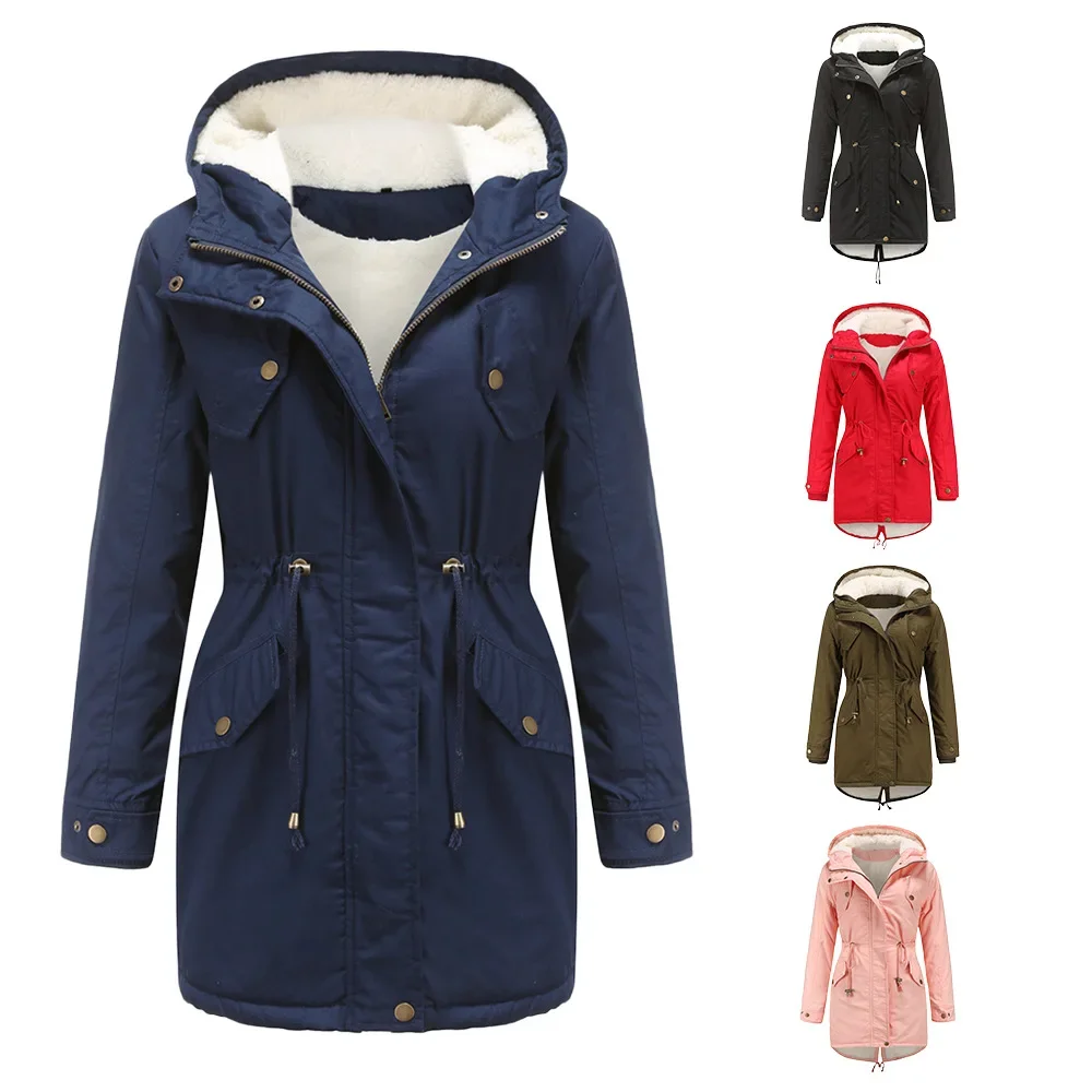 De la saison automne hiver nouvelle veste en coton pour femmes à capuche couleur unie épaissi polaire doublé coton manteau Long Sle...