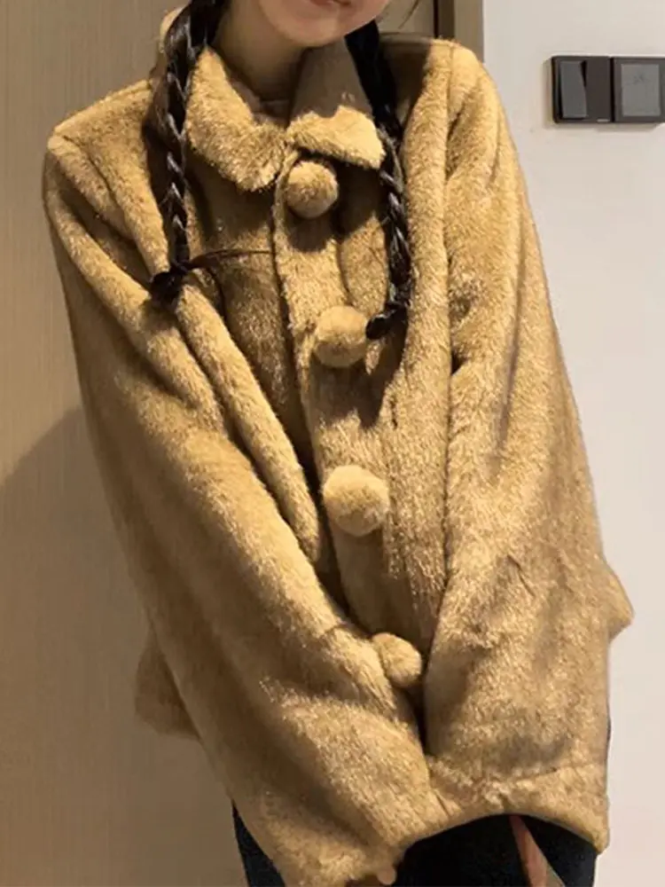 

Cozy Fluffy Lapel Jaet Women's Loose Sle Winter Faionable Soft Cotton Outerwear Korean Version Thiened Ball Detail