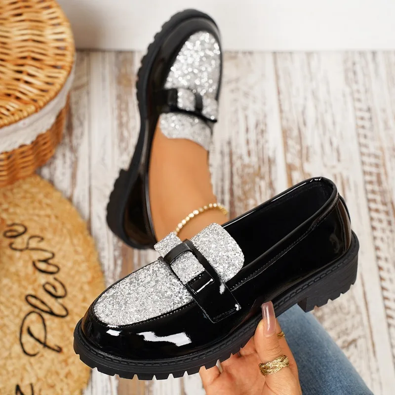 

Loafer Autumn New Round Toe Deep Mouth Sequin Bow Platform Soft Sole Anti-wear Single