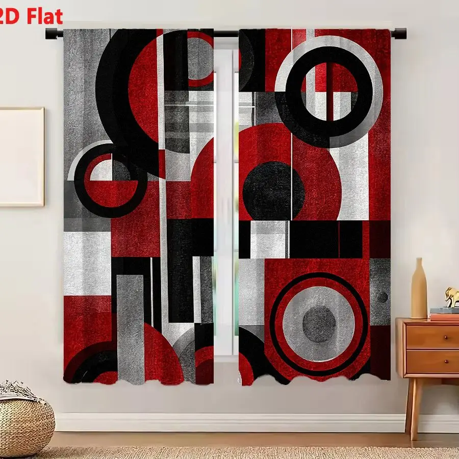 2Pcs Curtains 2D Flat Abstract Geometric Art With Deep Red Black White And Gray Tones Featuring Circles Rectangles And Lines On