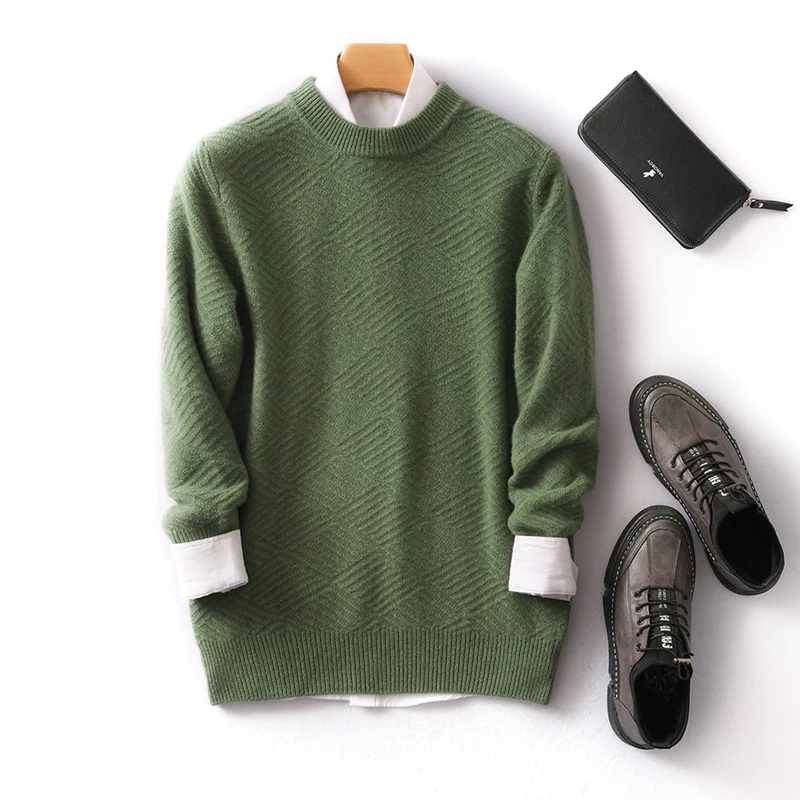 

Новый мужской свитер из 100% чистой шерсти с круглым вырезом, двойной толстый пуловер, свитер, однотонный вязаный базовый топ, рубашка