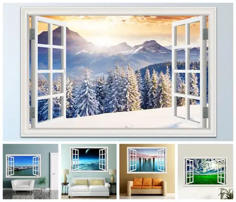 3D Window Scenery Wall Sticker, Beautiful Landscape Wallpapers, Vinyl Mural Art, Home Decor