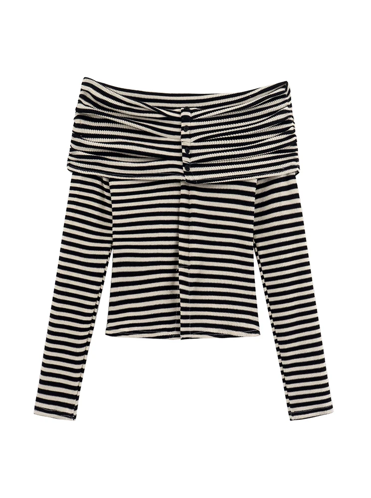 قميص نسائي محبوك بأكمام قصيرة وتصميم ضيق، بلوزة عصرية مخططة بكتف واحد وأكمام طويلة للخريف #3