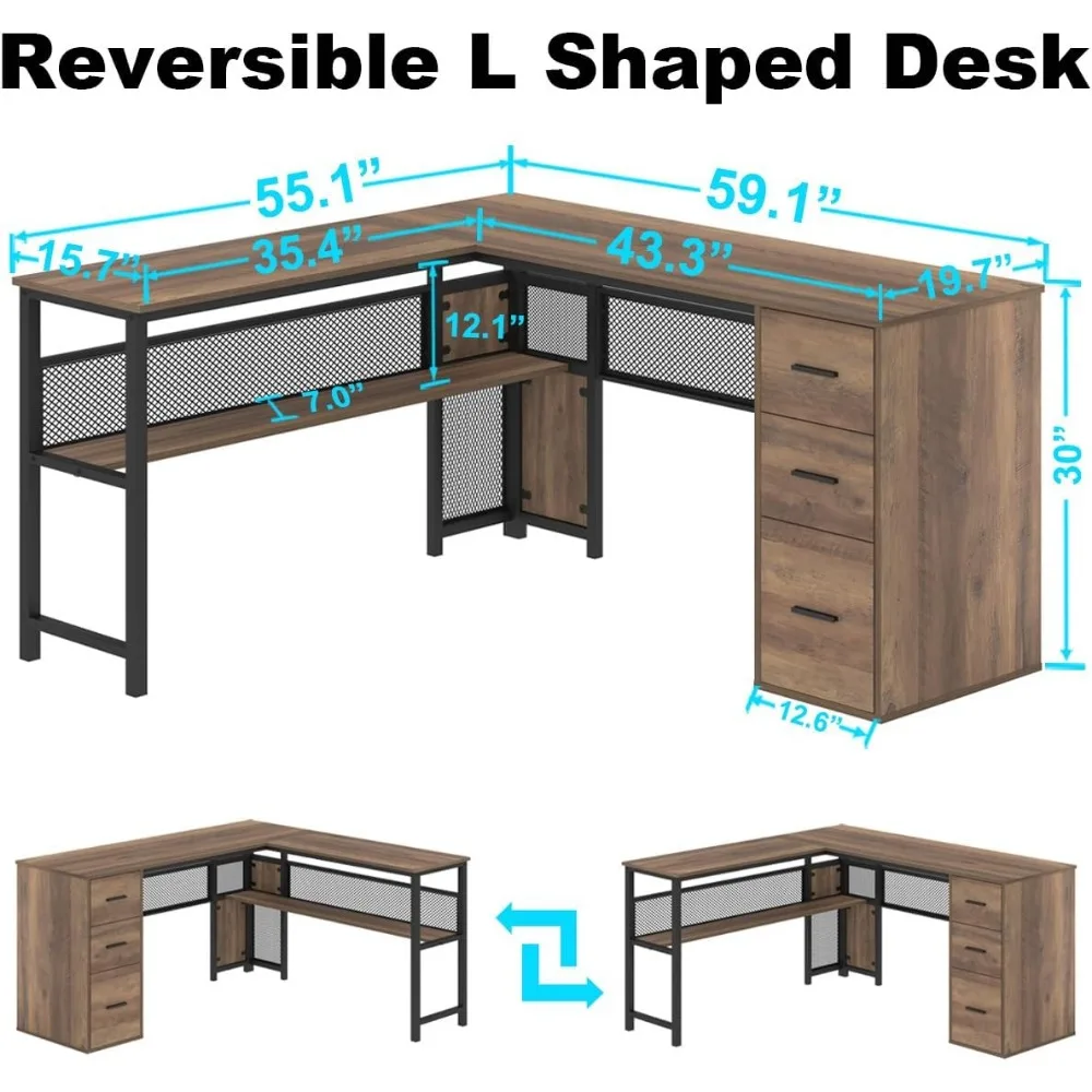 Escritorio de madera en forma de L, escritorio de oficina grande para computadora con archivadores, escritorio ejecutivo reversible en forma de L con cajones, yo
