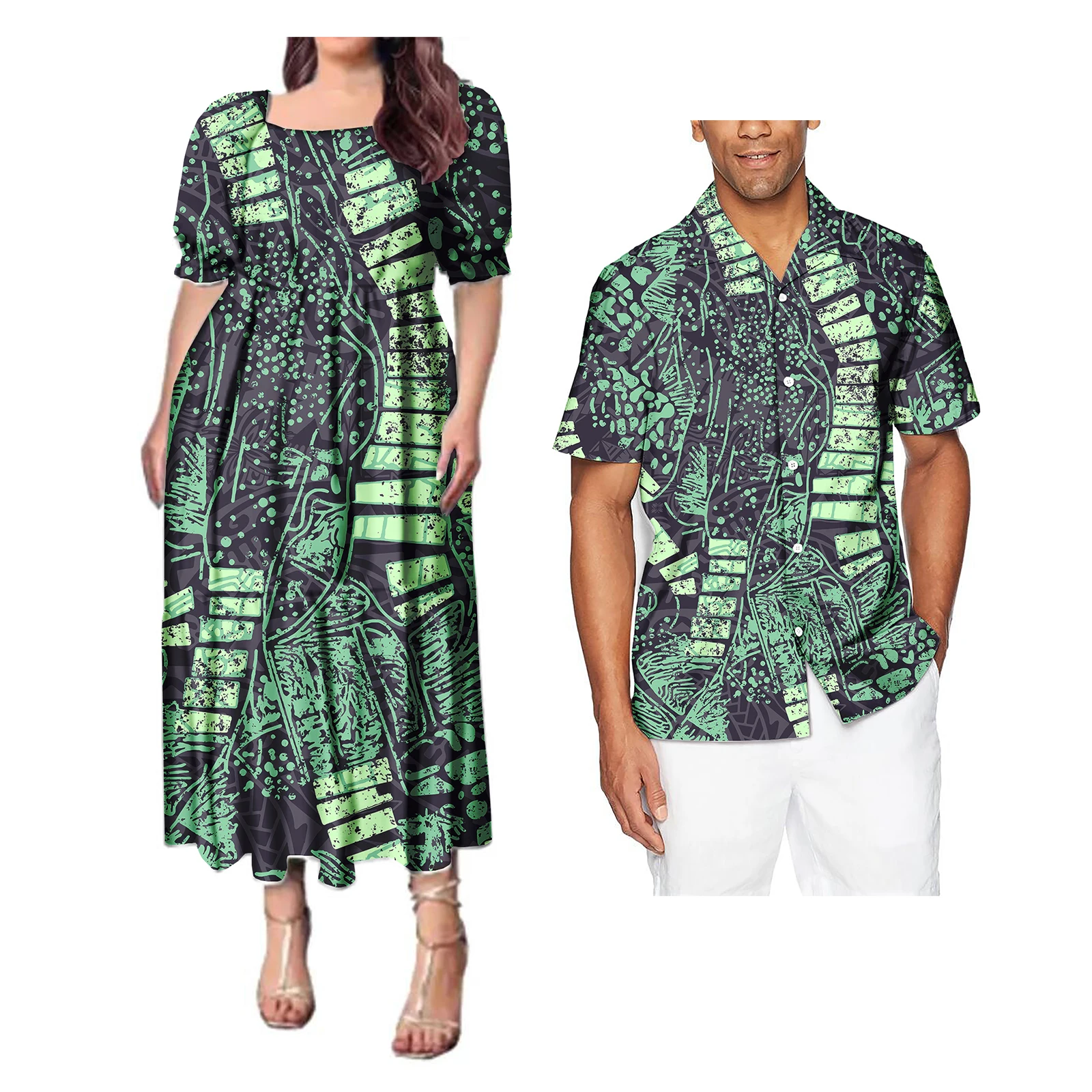 Paar Outfit Sets Dames Avondjurken Polynesische Patroon Ontwerp Klassieke Heren Hawaiiaanse Shirts Overeenkomen Met Vrouwen Plus Size Jurk