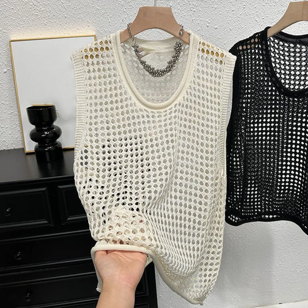 Women\'s Solid Color Round Neck Sleeveless Knit Vest with Breathable Openwork Design for Hot Weather Activities
