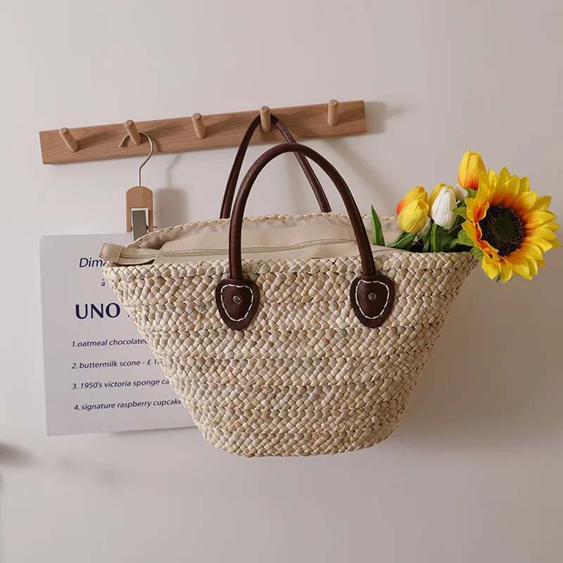 Corn Husk Hand-woven Portable Basket Everything Daily Large Capacity Straw Braided Bag Female Seaside Holiday Photo Beach Bag