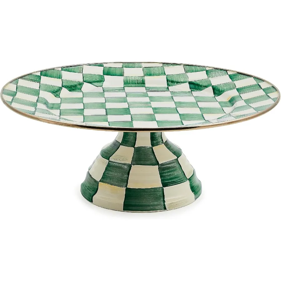 

Enamel Pedestal Platter Round Cake Stand Large GreenandWhite Emerald Check