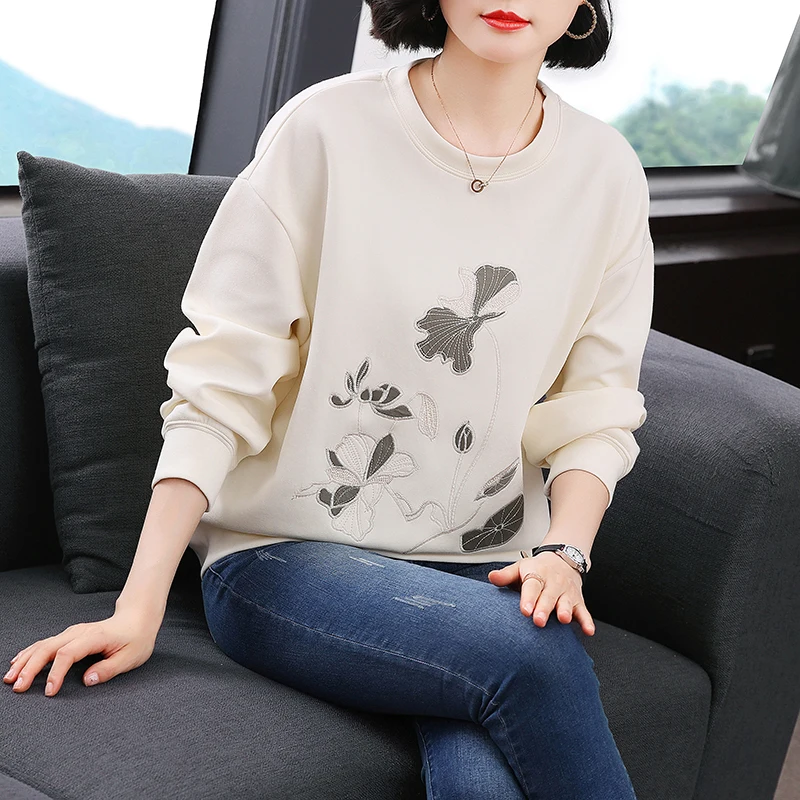 Spring Autumn Lotus Leaf Embroidered Women's Sweatshirt Korean Style Round Neck Long Sleeve Loose Casual Streetwear Hoodies Tops