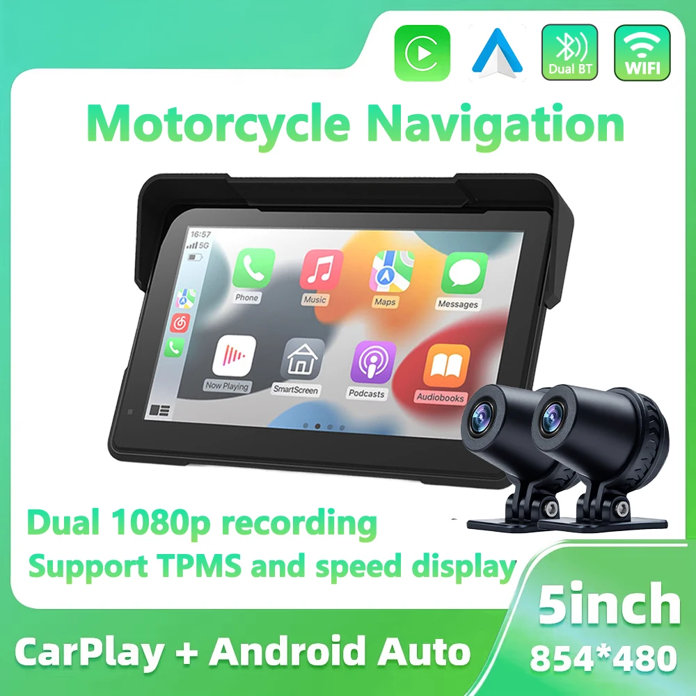 

5.0-inch Portable Motorcycle Dashboard, Rear Dual-Camera Display, Wireless CarPlay, Moto Android Auto, GPS Navigation