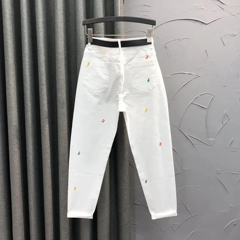 White Jeans 2024 New Women\'s Embroidery Wild Jeans Spring Summer Fashion Ladies Denim Pants Autumn Casual Jean Harun Pants Femme