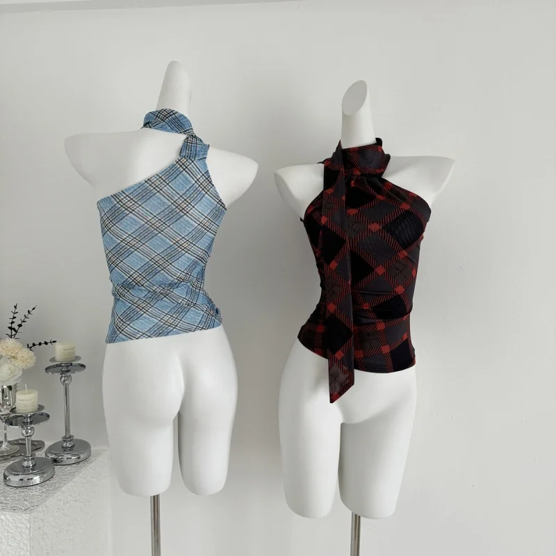 Spring 2025 Hot Girl Neck Hanging Micro Transparent Plaid Vest Women's New Retro Street Knitted Thin Model China Made