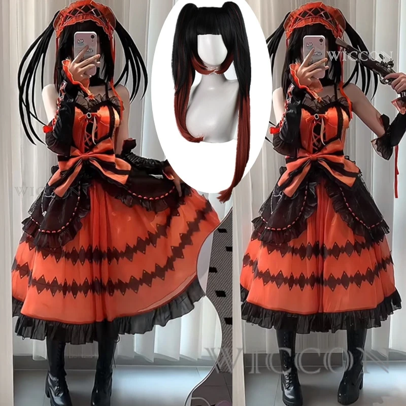 

DATE A LIVE Tokisaki Kurumi Cosplay Costume Wig With Bangs Clip Ponytails Comic Con Nightmare Black Long Ponytials Wig Costumes