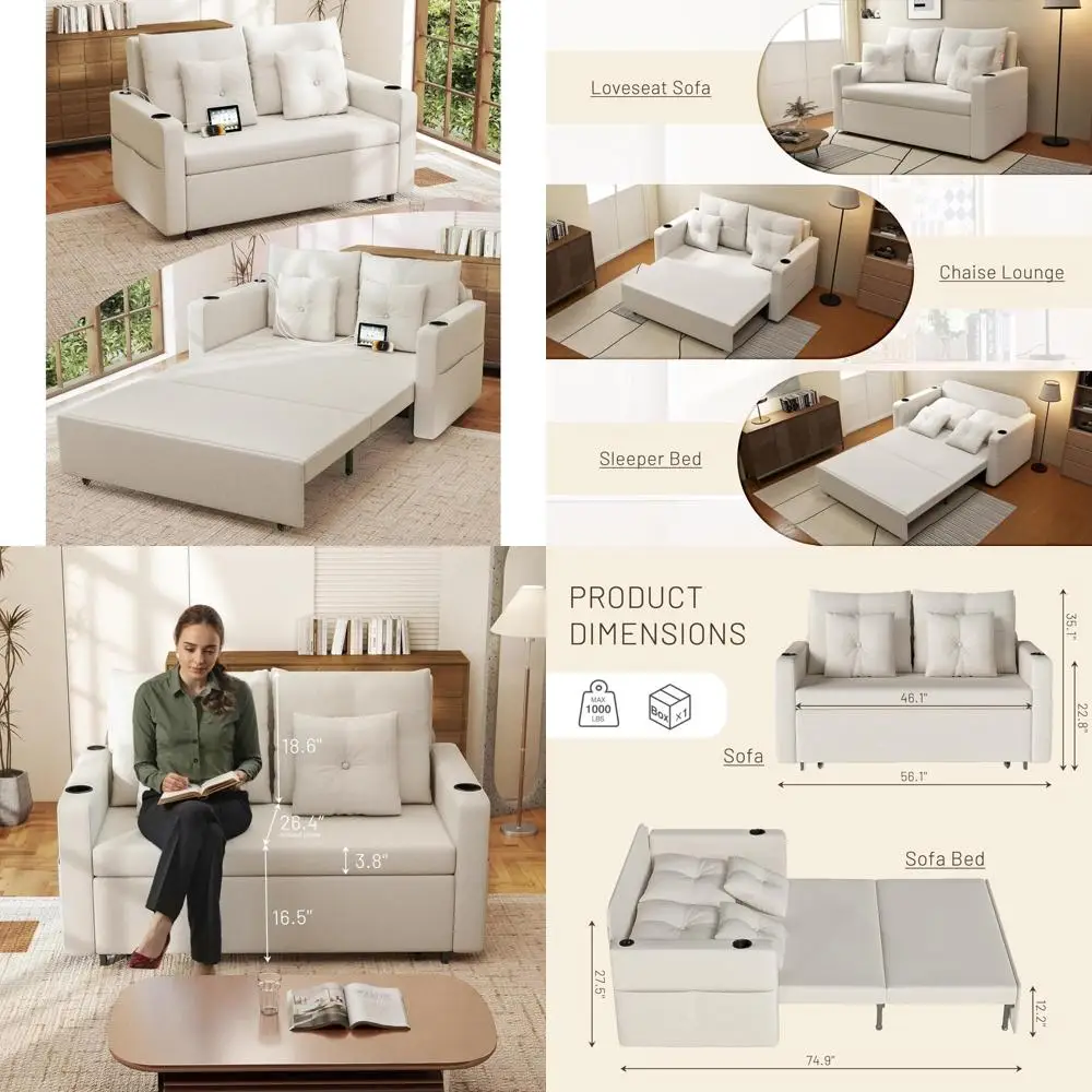 أريكة سرير 3 في 1 متعددة الوظائف، 56 مقعدًا مع حاملات أكواب، وحدة تخزين، ومنفذ USB، مثالية لغرف المعيشة والمساحات الصغيرة