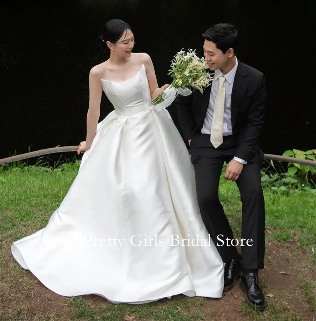 OEING-vestidos de novia blancos sin tirantes, corsé fruncido de satén, línea A, sin mangas, elegante, para fiesta