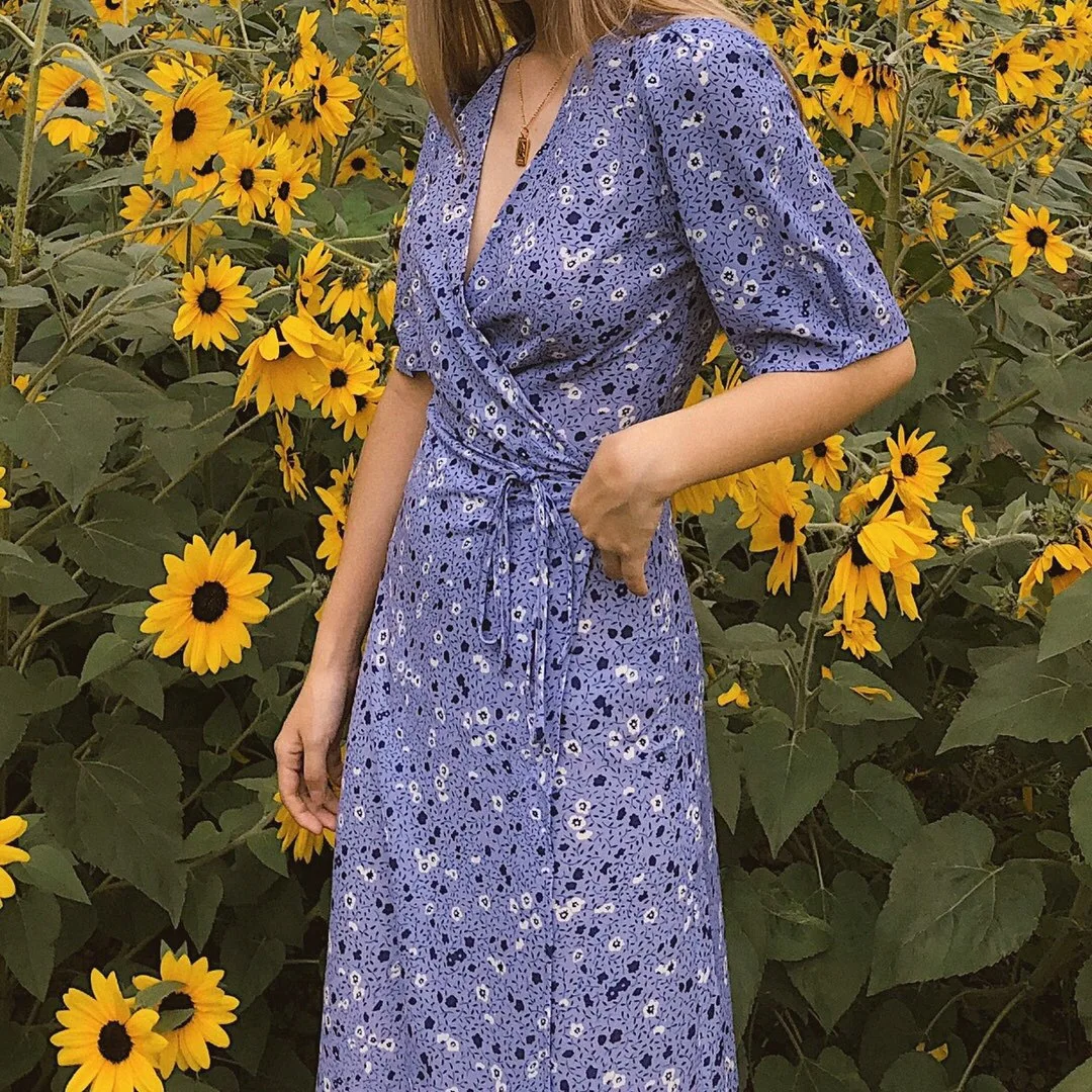 Fresh Lavender Purple Print Flower MulberrySilk Tea Break Dress for Women One Piece Wrapped Dress Sexy