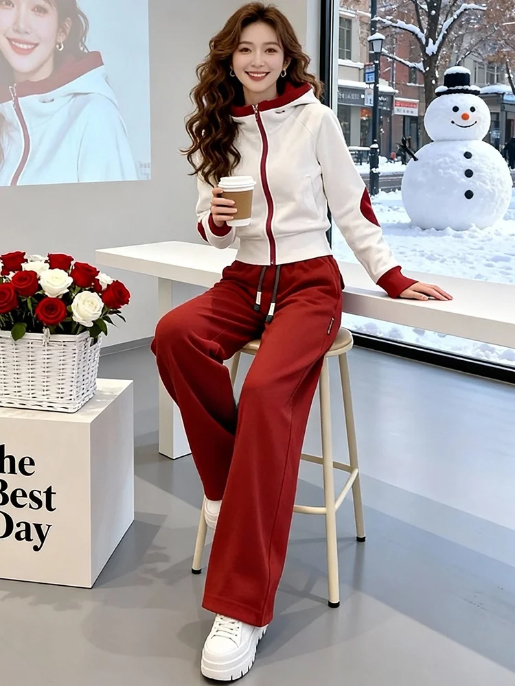 

Spring 2026 Women's High-End Casual Sportswear Set Red Wide Leg Pants Two-Piece Suit Comfortable Long Sleeve Hoodie Fashionab...