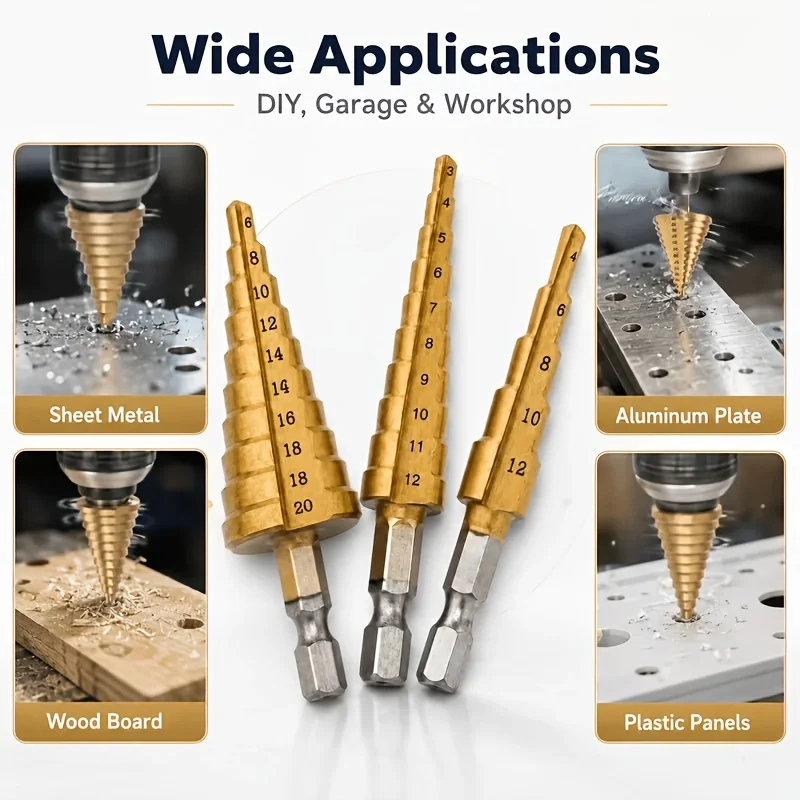 Multi-functional drill bit set, including step drill, diamond drill bit, countersink positioning drill, center punch, triangular woodworking drill, metric high-speed steel taper drill, universal drilling tools for thin plates, aluminum, plastic, and wood