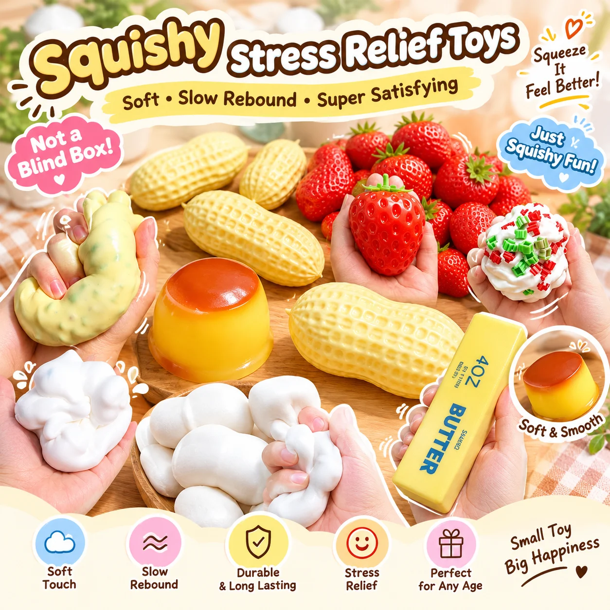 Cute Food Squishy Toy Slow Rebound Stress Relief Squeeze Toy Peanut Strawberry Pudding Butter Decompression Toy