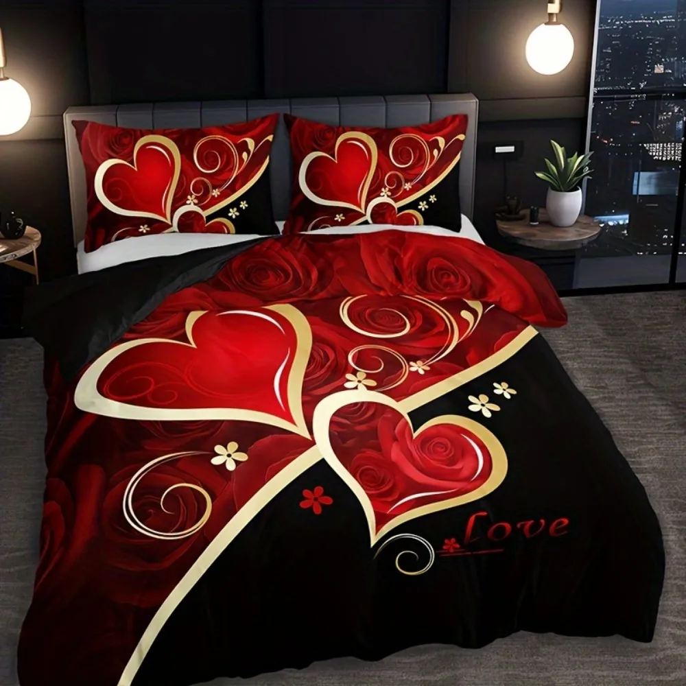 

3pcs Bedding Set Black Red Lover Heart Print Cozy Duvet Cover Set King Queen Twin Single Size Birthday Gift Adult Bedroom Decor