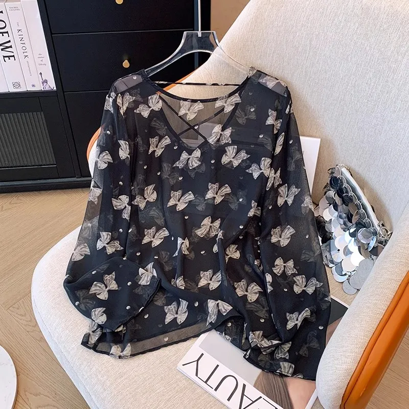 Summer Y2k Bow Print Sunscreen Shirt Women's 2024 Sexy Spice Girl Thin Micro-Transparent V Neck Loose Top Elegant Chiffon Blouse