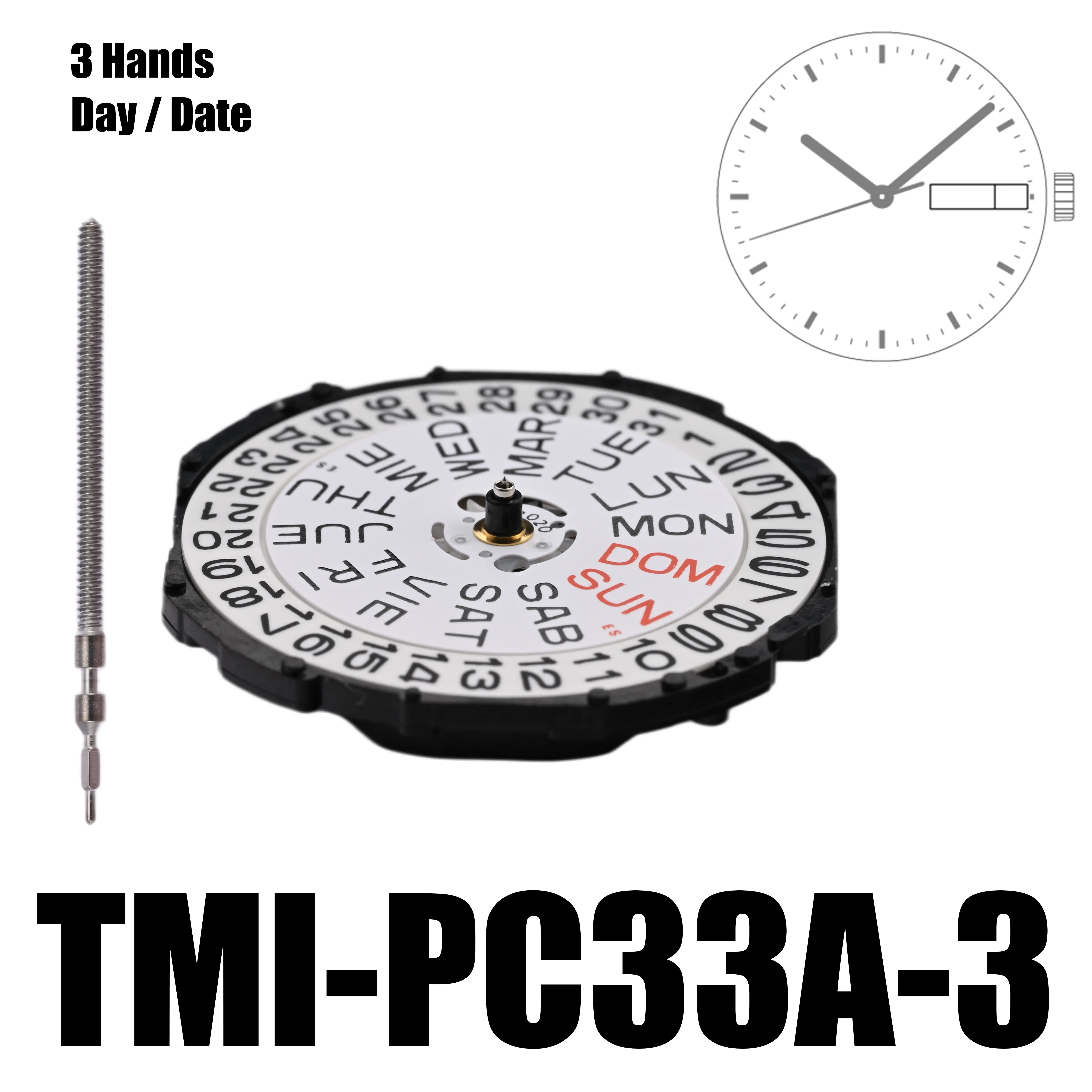 TMI-PC33A Standard Dual Calendar Movement - PC33A Quartz Movement 3 Hands Day / Date Size: 10 ½‴ Height: 4.15mm