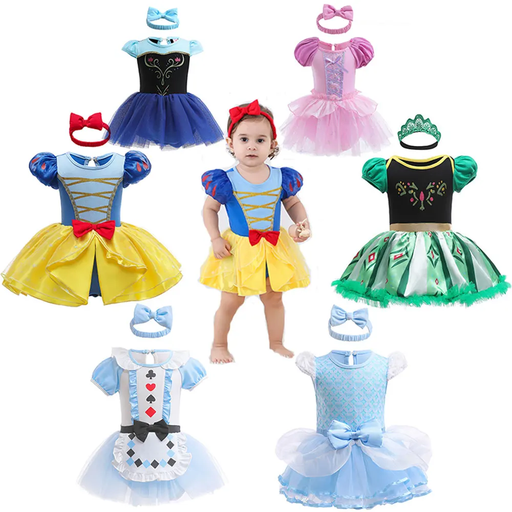 

2025 Disney Princess Anna Snow White Elsa Alice Rapunzel Dress For Girl Birthday Party Party Cute Baby Dress + Headband Set