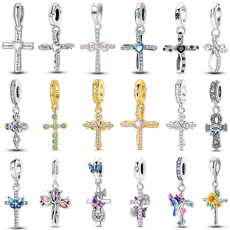 925 Sterling Silver Cross Dangle Charms Colorful Heart Zircon Butterfly Sunflower Pendant Bead Fit Original Bracelet DIY Jewelry