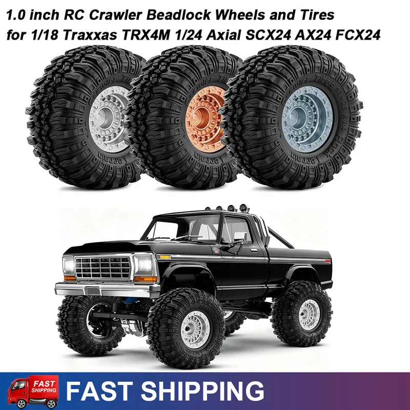 1.0 inch Metal Beadlock Wheels Rims Tires Set for 1/24 1/18 Axial SCX24 AX24 FCX24 Traxxas TRX4M RC Crawler Upgrade Parts