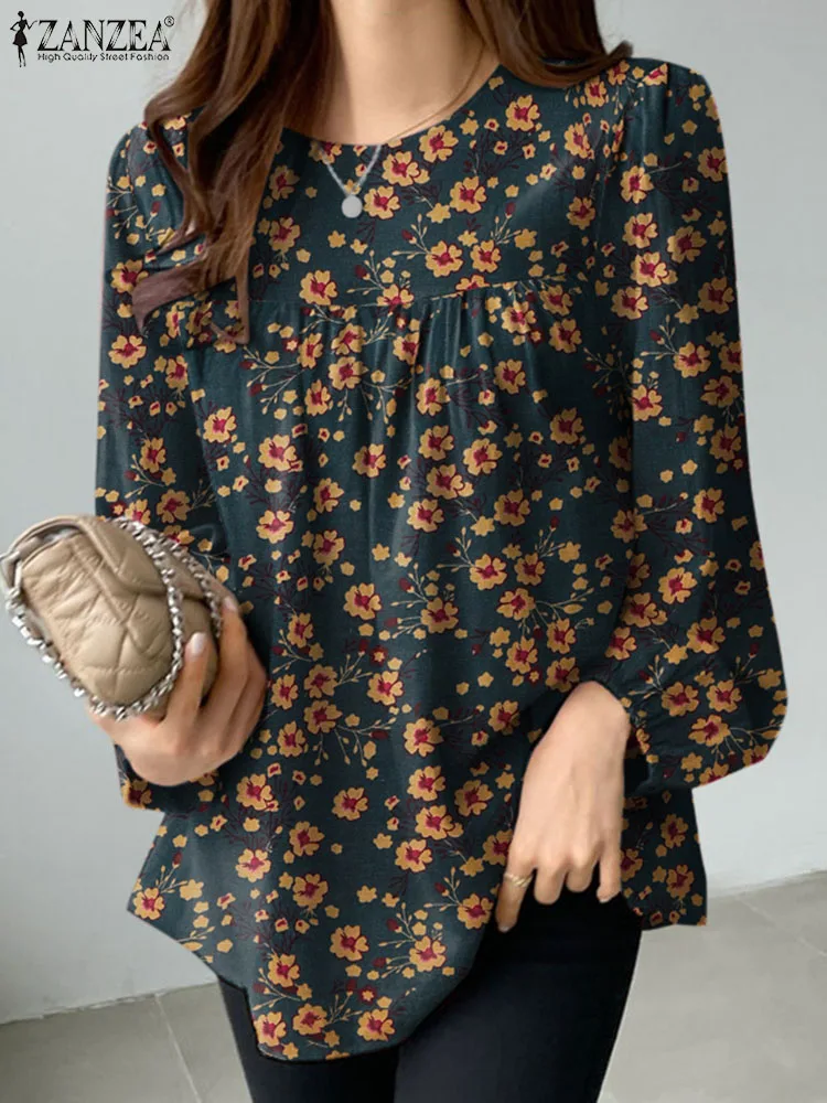 ZANZEA Woman Casual Floral Printed Blouse Puff Sleeve O-Neck Shirt Female Fashion Holiday Tops Autumn Vintage Buttons Chemise