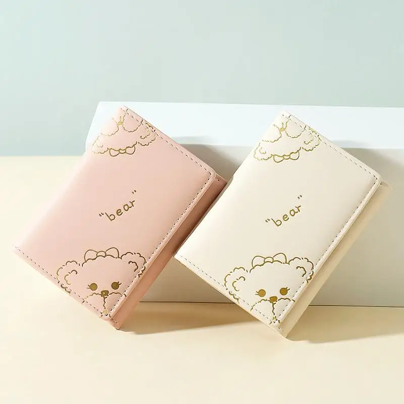 Cute PU Leather Wallet Kawaii Bunny Bear Cartoon Print Multi Card Slots Slim Purse for Teen Girls School Use