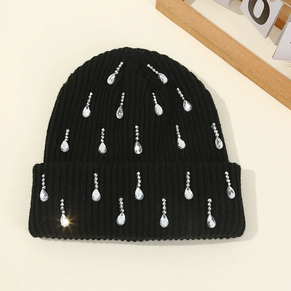 Winter Knitted Beanie Women Fashion Rhinestone Pearls Knitting Hats Ladies Casual Skullies Cap