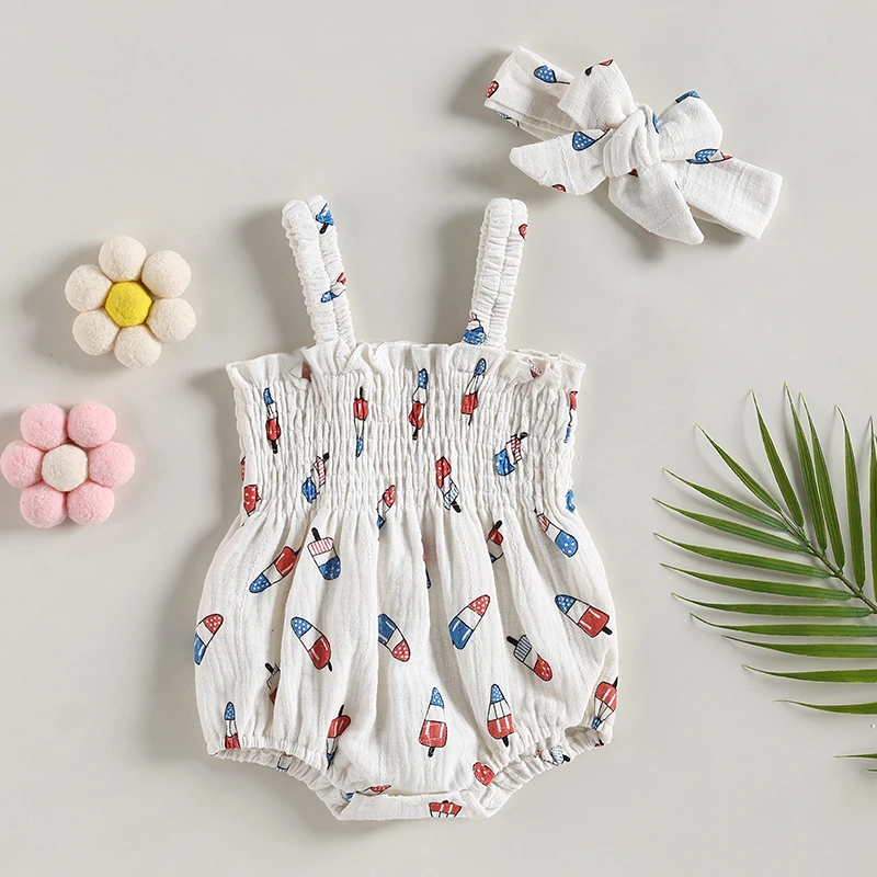 

New Independence Day Baby Girl Jumpsuit Set Summer Ice Cream Print Sleeveless Ruched Rompers And Stretch Headband 0-18 Months