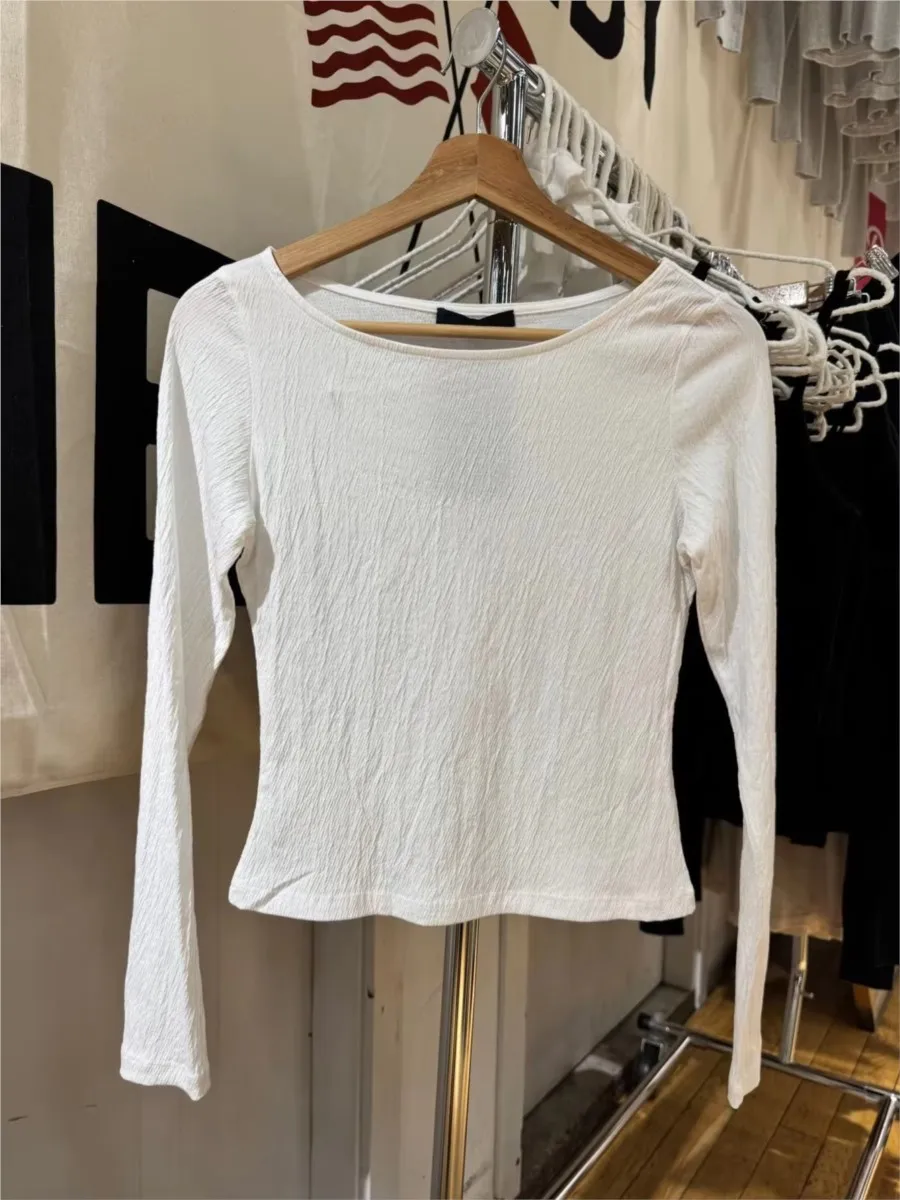 طيات الأبيض سليم كم طويل تي شيرت امرأة الربيع عادية مثير مائل الرقبة القطن الملمس تيز الحلو الأساسية بسيطة التي شيرت جديد OOTDS