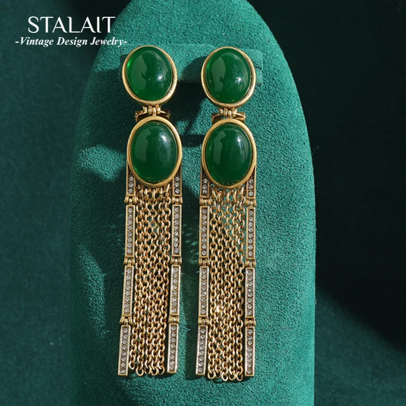 

Retro Vintage Oval Emerald Natural Stone Metal Chains Tassel Drop Earrings for Woman Antique Jewelry Wedding Accessories New