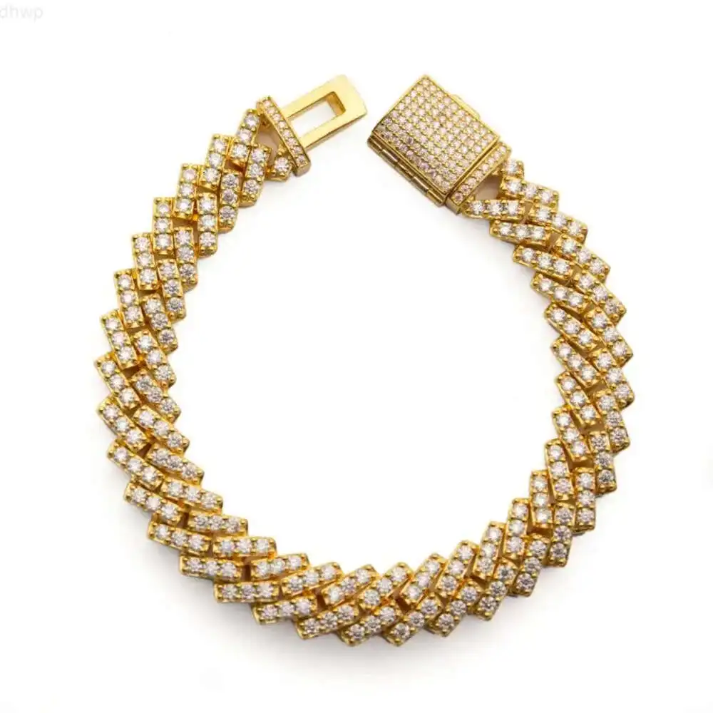 

Hip Hop 10mm Cuban Chain Bracelet Moissanite Iced Out Gold Plated Cuban Link Bracelet in Stock