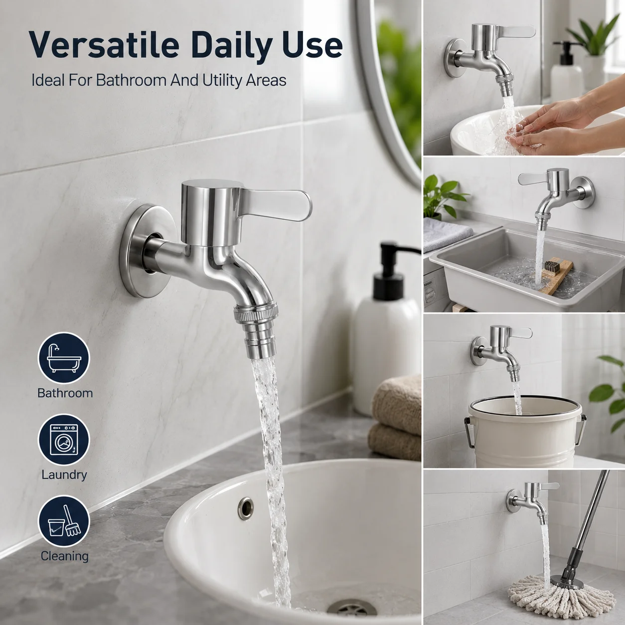 Polished Chrome 304 Stainless Steel Washing Machine Tap, G1/2 Thread Spigot for Garden Balcony Easy Install view 4