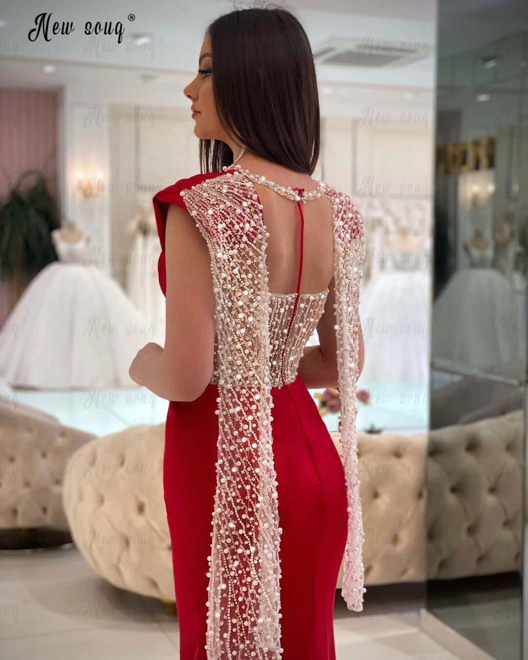 Vestido de festa vermelho sereia para mulheres, design exclusivo, robe elegante, pérolas artesanais, frisado, vestidos de baile formais, evento de casamento