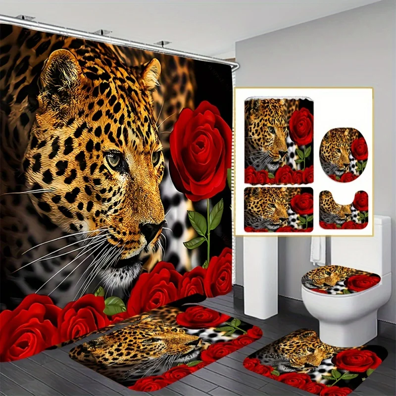 4PC Leopard Rose Set, Decorative Bathroom Set Including Waterproof Shower Curtain, Non-slip Floor Mat, Toilet Seat Cover, Bathro