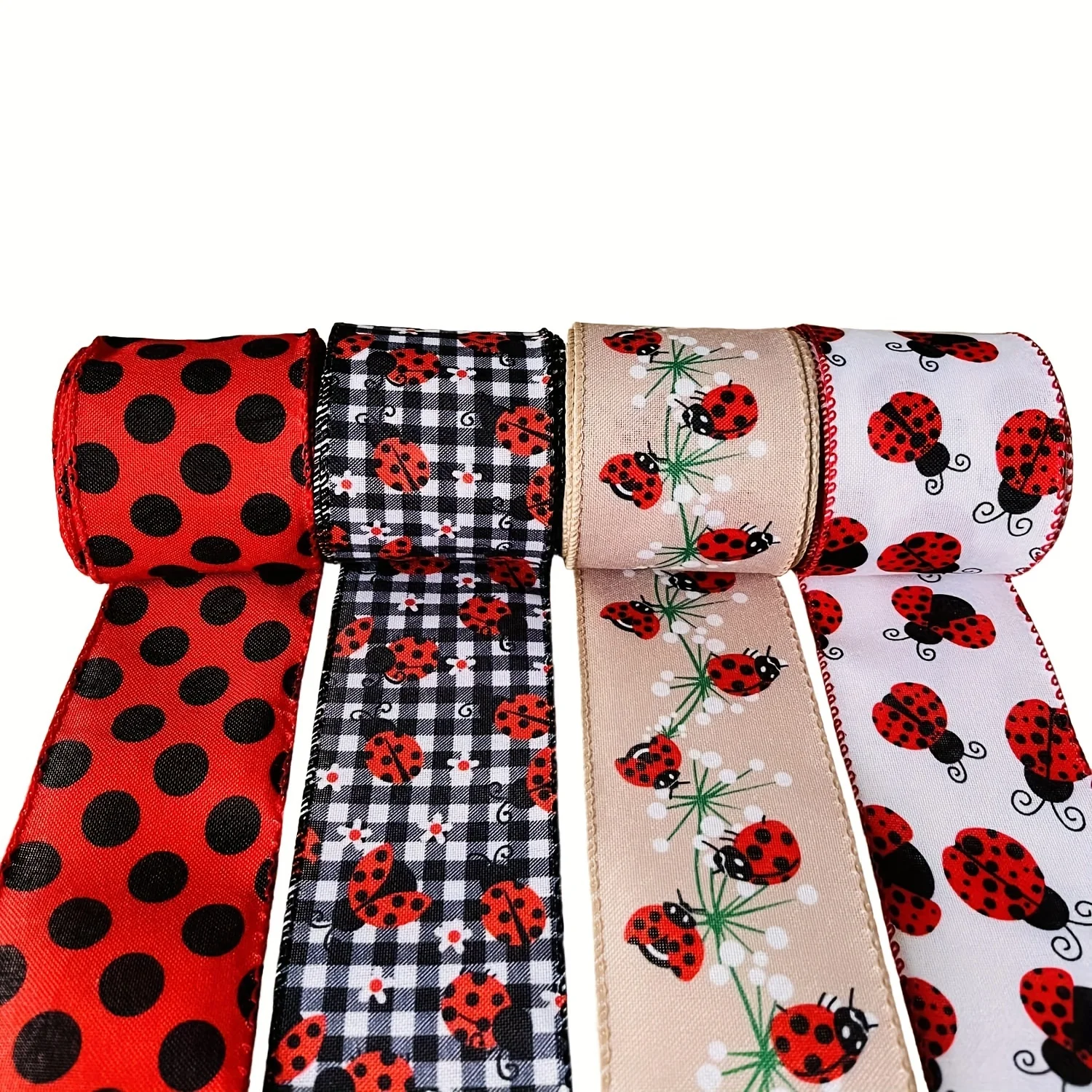1 Rolls 5 Yards Wired Edge Ribbons with Red Ladybug,Red Polka Dot Wired Edge Ribbon,Spring Summer Wired Ribbon DIY Craft Ribbon