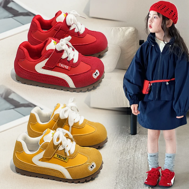 

Children's Sneakers 2-12 Years Old Yellow Leather Boys Girls Casual Shoes Four Seasons Models Red Fashion with Kids Board Shoes