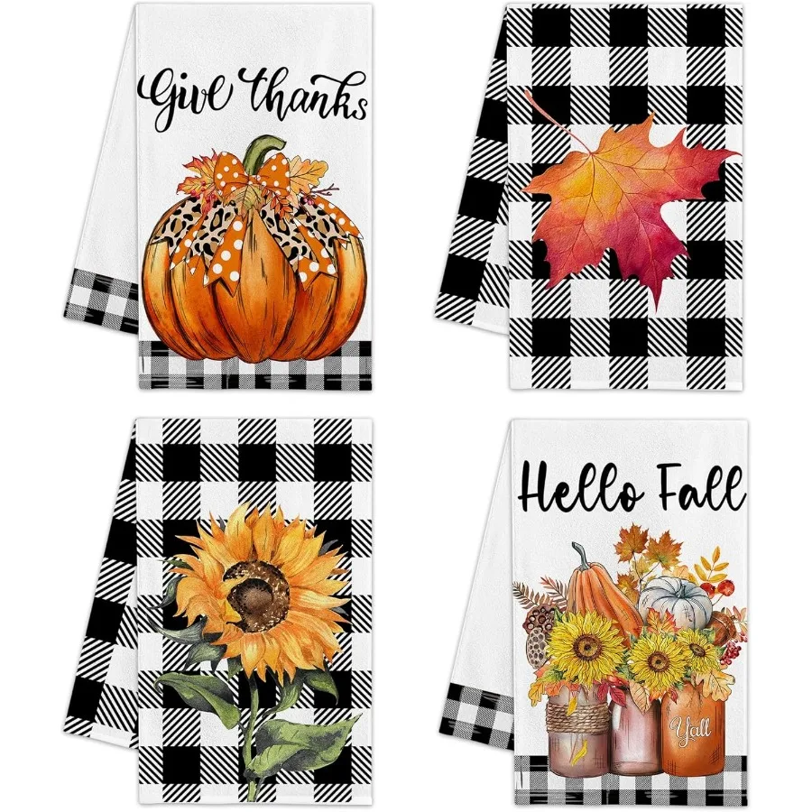 

Fall Kitchen Towels Set of 4 Pumpkin Fall Dish Towels Buffalo Plaid Sunflower Decorations for Kitchen Autumn Hand Towel
