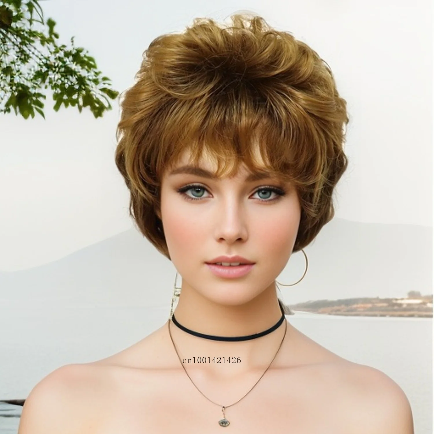 Mommy Wigs with Bangs Synthetic Hair Replacement Female Curly Natural Daily Wear Costume Copper Brown Gradient Color Ombre Wig